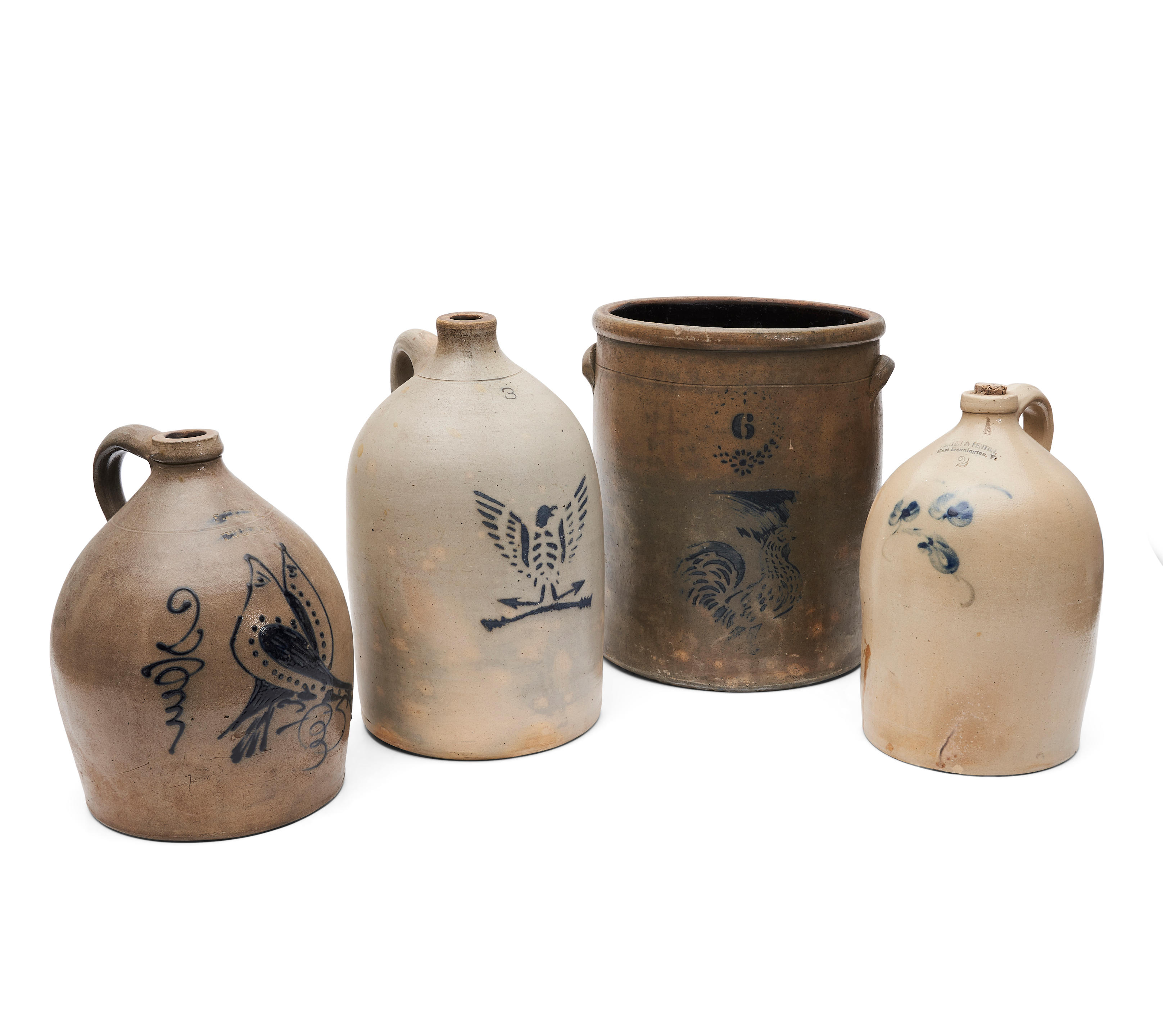 Appraisal: THREE STONEWARE JUGS AND A LARGE STONEWARE CROCK most decorated