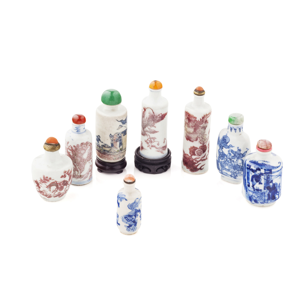 Appraisal: YEIGHT PORCELAIN SNUFF BOTTLES TH TH CENTURY comprising three underglaze