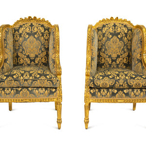 Appraisal: A Pair of Louis XVI Style Giltwood Bergeres a Oreilles