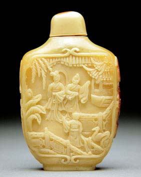 Appraisal: HORNBILL SNUFF BOTTLE Well carved hornbill snuff bottle of flattened