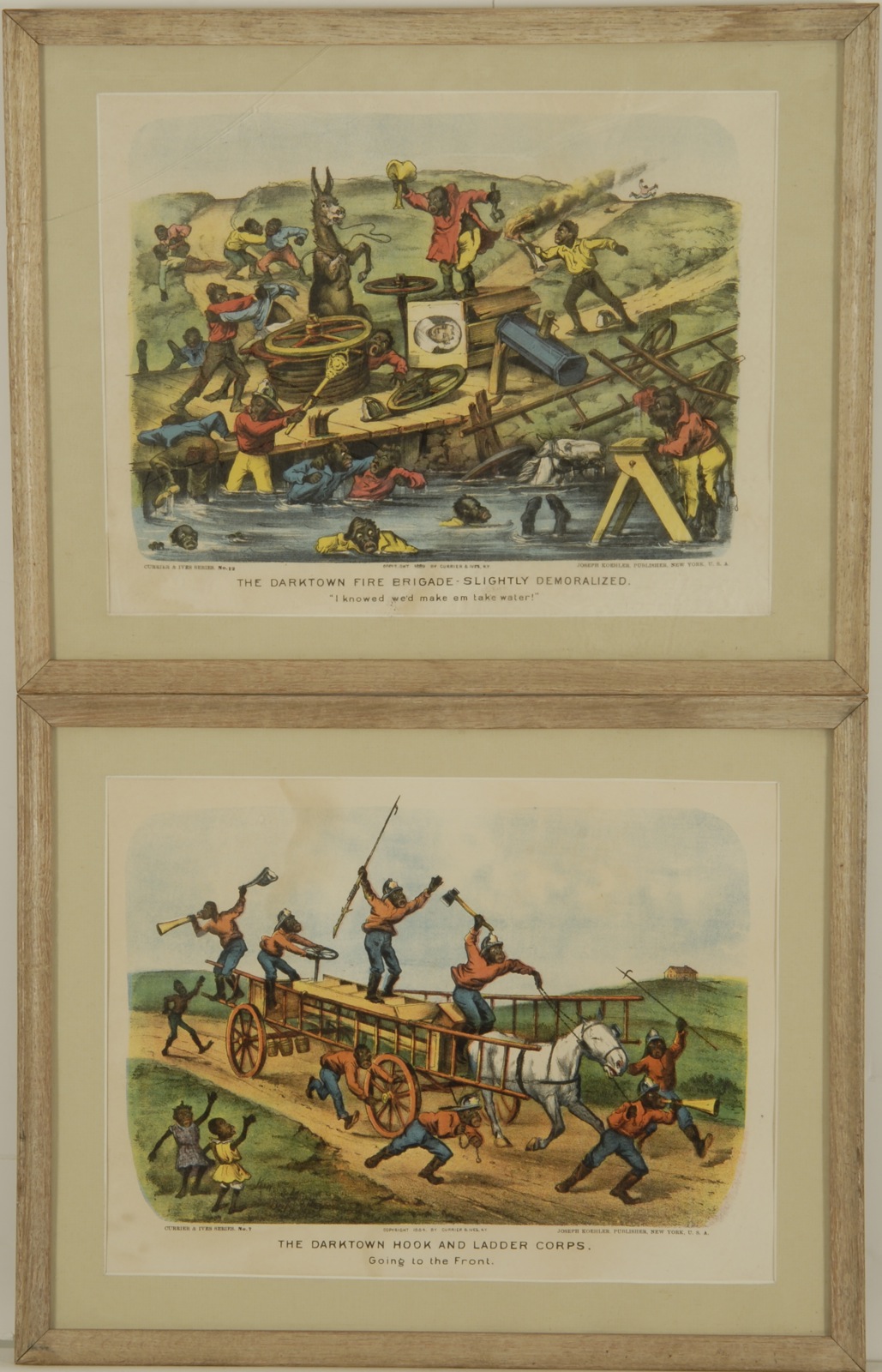 Appraisal: FIVE FRAMED CURRIER IVES' DARKTOWN SERIES LITHOGRAPHS Published by Joseph