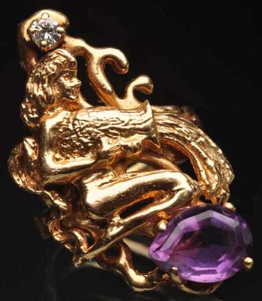 Appraisal: K Y Gold Mermaid Ring with Diamond Amethyst Weight grams