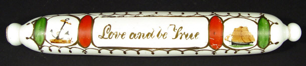 Appraisal: Victorian white opaline glass rolling pin enamelled with sailing ships