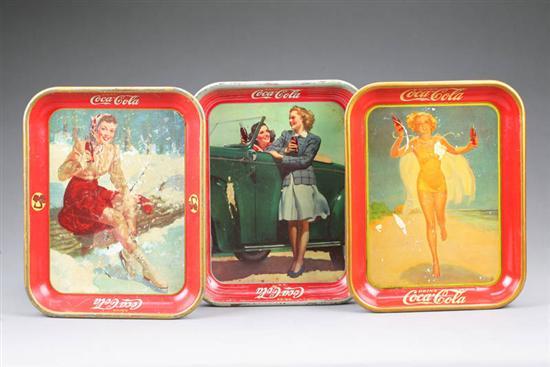 Appraisal: THREE COCA COLA ADVERTISING TRAYS Iceskater girl running and girls