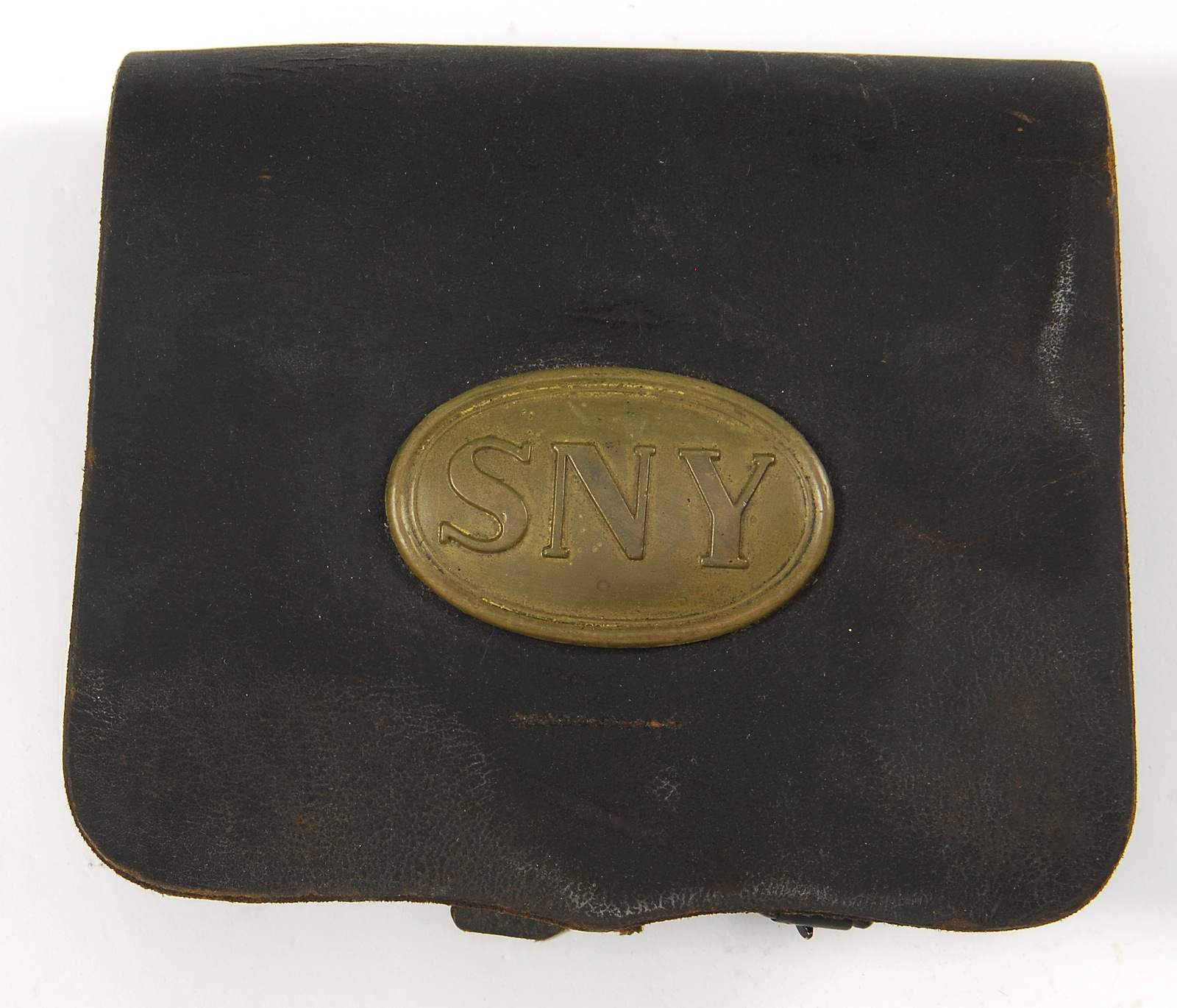 Appraisal: NEW YORK LEATHER ACCOUTREMENT HOLDER Civil War PeriodWith oval brass