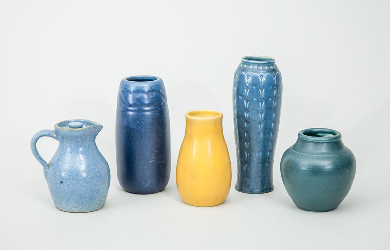 Appraisal: THREE ROOKWOOD BLUE GLAZED POTTERY VASES A YELLOW GLAZED VASE