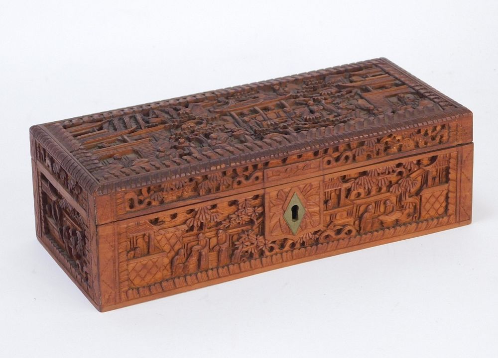 Appraisal: C Chinese Carved Canton Sandalwood Box China th Century Relief