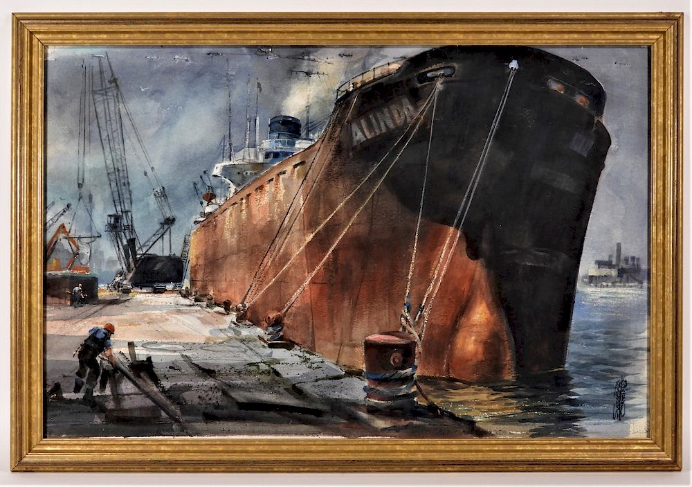 Appraisal: Spencer Crooks Industrial Tanker Barge Painting Spencer Crooks Rhode Island