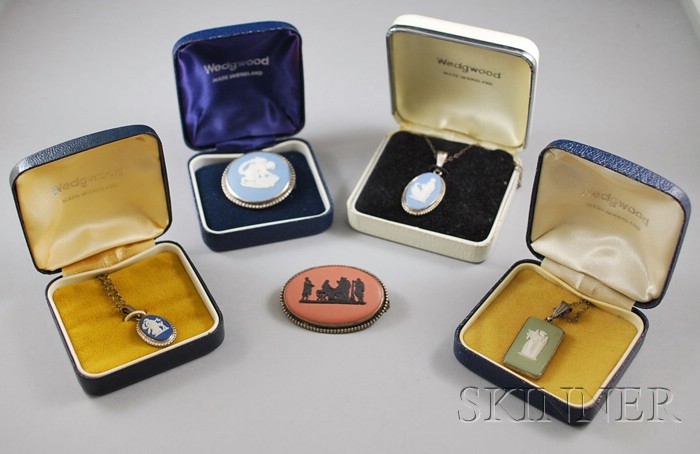 Appraisal: Five Wedgwood Jasper Jewelry Items three pendants and two brooches