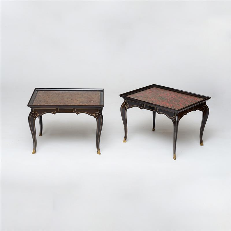 Appraisal: PAIR OF LOUIS XV STYLE ORMOLU-MOUNTED EBONIZED AND BOULLE-MARQUETRY LOW