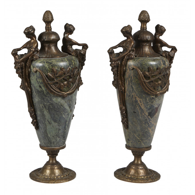 Appraisal: Pair of Bronze Mounted Marble Garniture Urns th c of