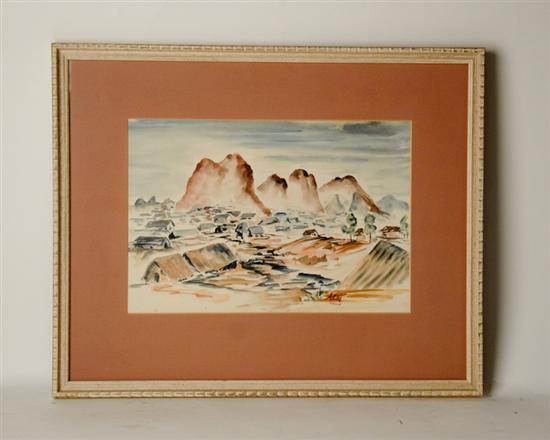 Appraisal: Artist Unknown Mountainous Landscape with Village Watercolor Signed lower right