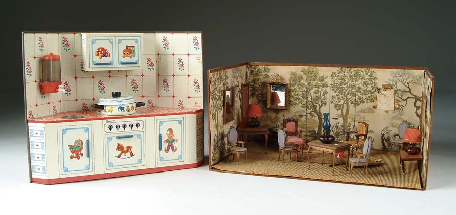 Appraisal: CAST IRON STOVE TIN KITCHEN AND LIVING ROOM DIORAMA WITH