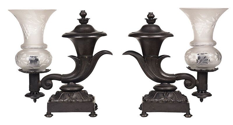 Appraisal: Pair of Classical Bronze Cornucopia Argand Lamps American - stamped