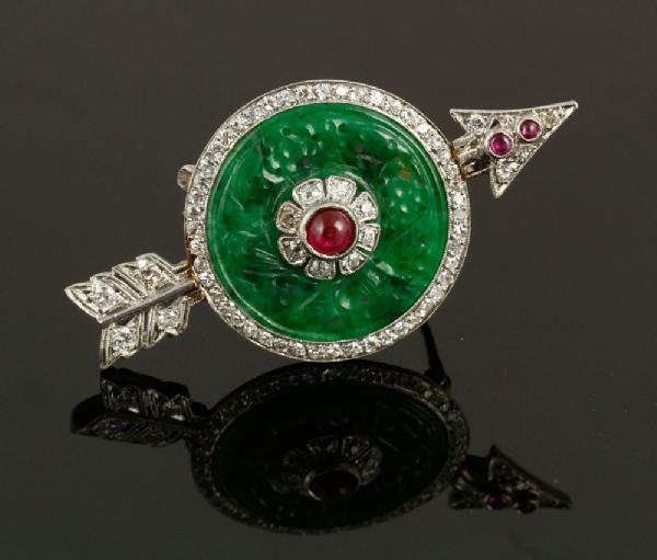 Appraisal: - Art Deco Chinese Style Platinum Jade Diamond and Ruby