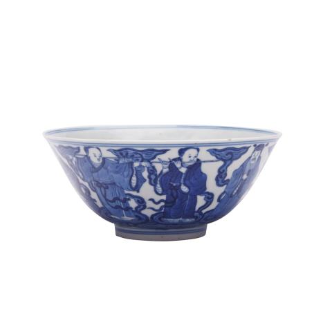 Appraisal: Blue and White Immortals Bowl Qianlong Mark Guangxu Period -