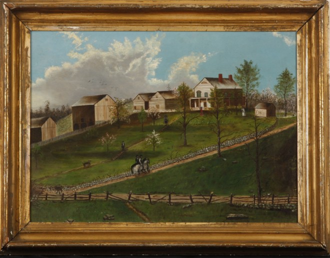 Appraisal: Farm scene with barns and figures oil on canvas relined