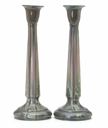 Appraisal: FULPER Pair of tall candlesticks covered in Cucumber Green and