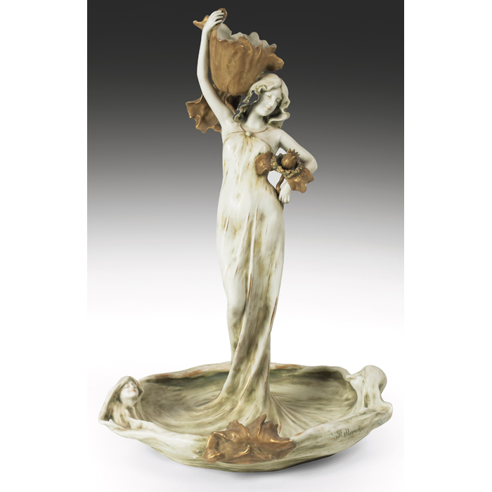 Appraisal: Amphora fountain Art Nouveau femalefigure with a gilt floral motif