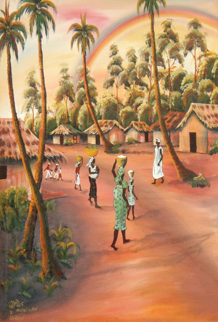 Appraisal: Otius thC African village scene oil on board signed and