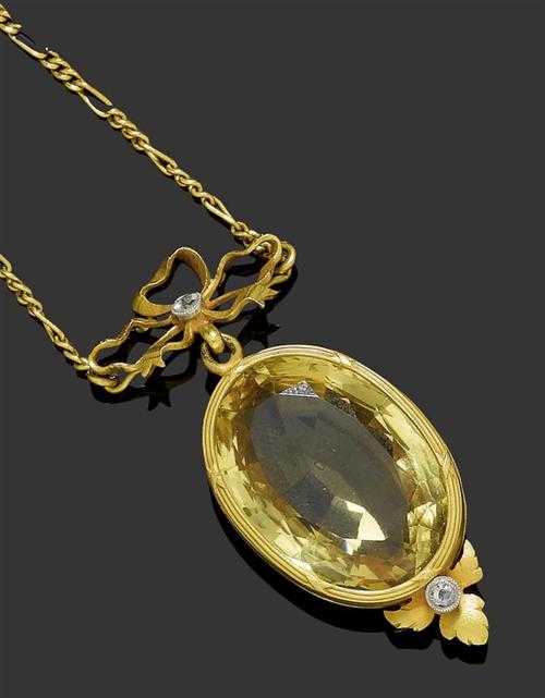 Appraisal: CITRINE DIAMOND AND GOLD PENDANT WITH CHAIN ca Yellow gold