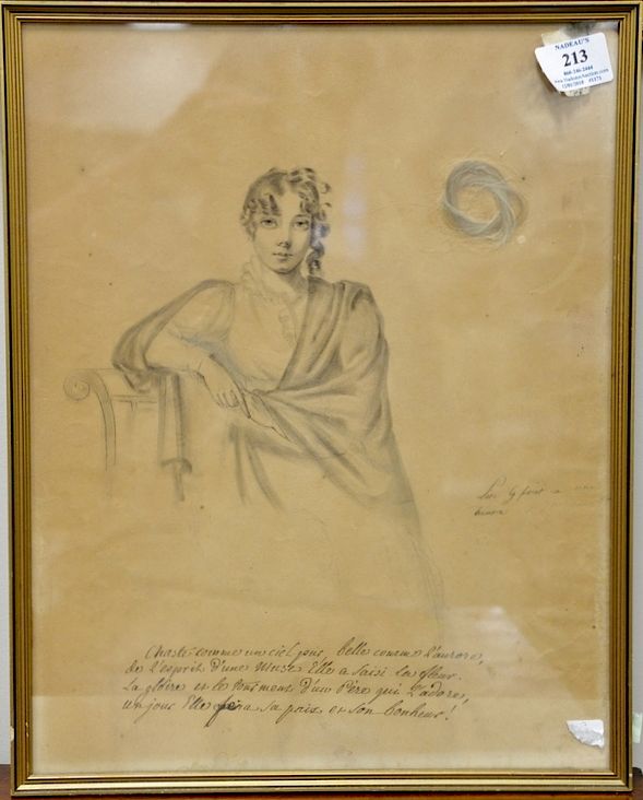 Appraisal: French pencil drawing of a young woman framed with a