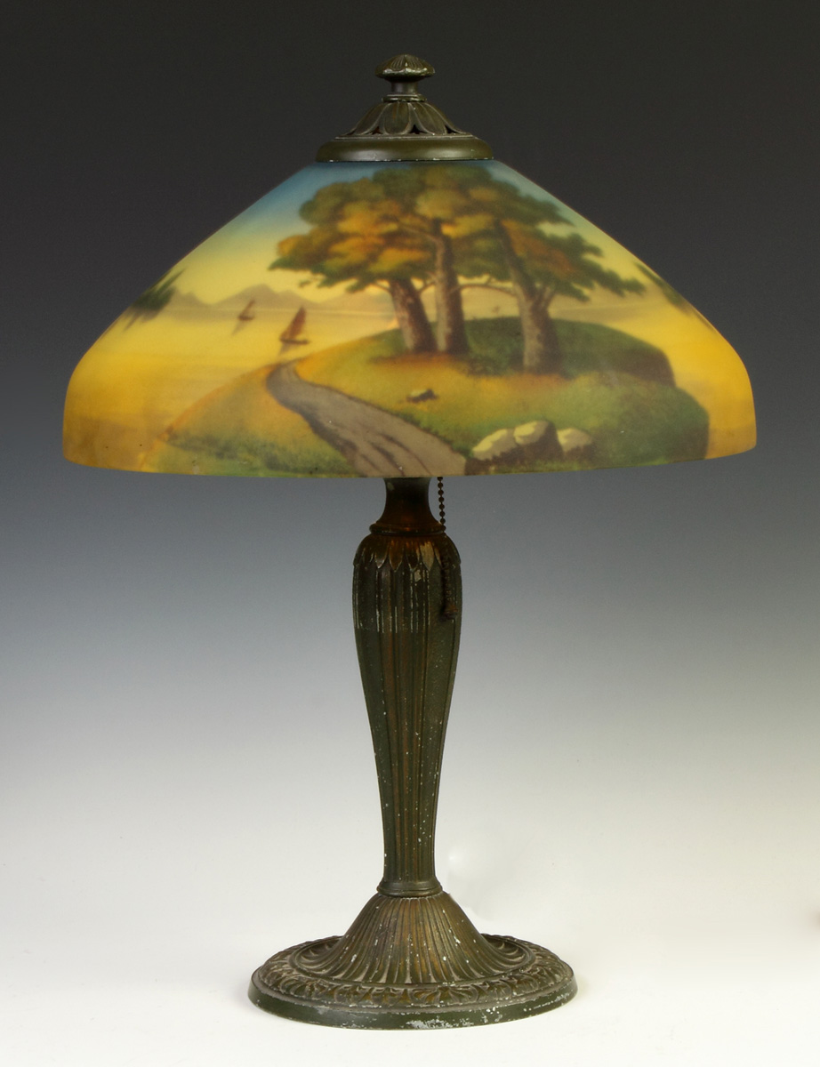 Appraisal: Phoenix Glass Co Reverse Painted Table Lamp - Lake Scene