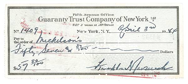 Appraisal: ROOSEVELT FRANKLIN DELANO Check Signed Franklin D Roosevelt April to