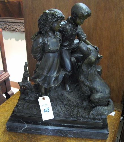 Appraisal: PATINATED BRONZE SCULPTURE American th century boy girl with dog