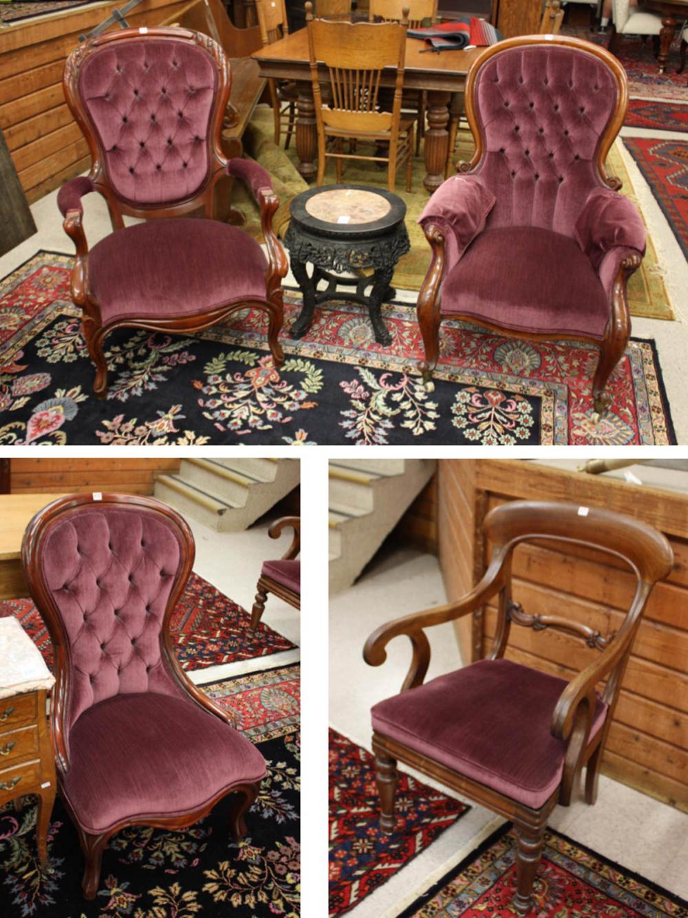 Appraisal: FOUR VICTORIAN AND VICTORIAN-STYLE MAHOGANY CHAIRS with matching purple upholstery