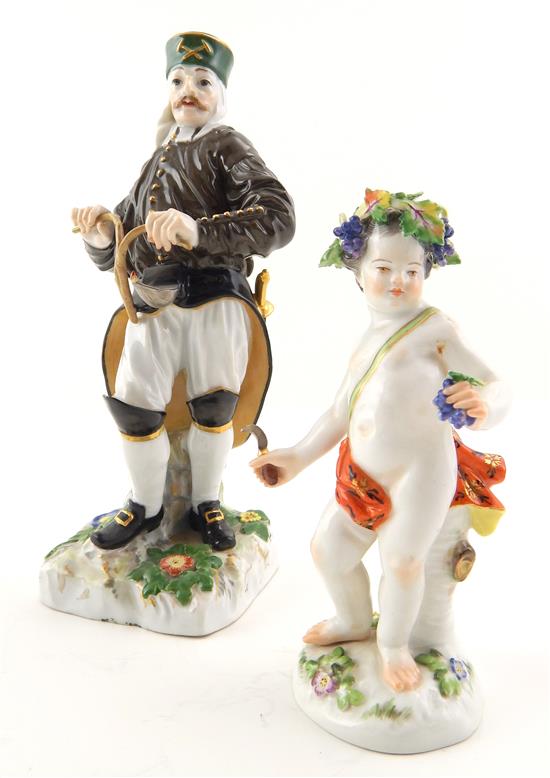 Appraisal: Two Meissen type figurines one depicting male soldier holding divining