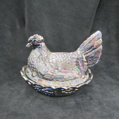 Appraisal: Carnival Glass Figural Hen on NestCovered Dish amethyst long excellent