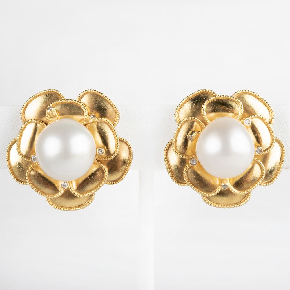 Appraisal: Pair of K Gold South Sea Pearl and Diamond Ear