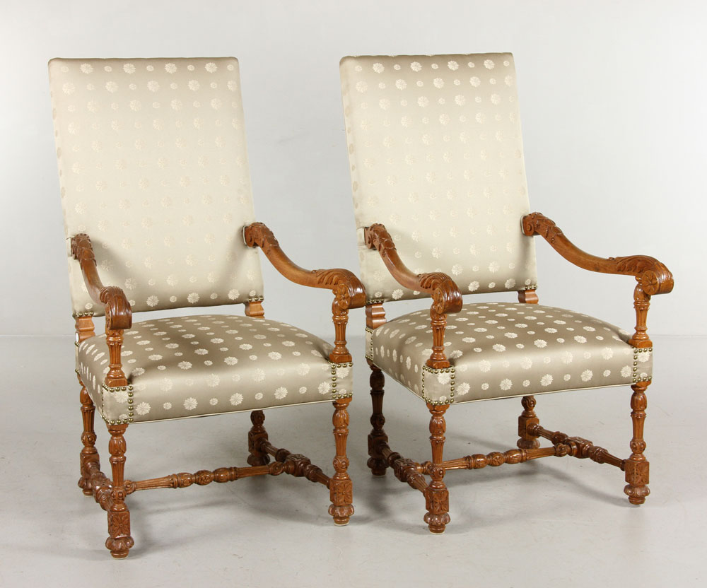 Appraisal: - Pr Flemish Design Walnut Arm Chairs Pair of Flemish