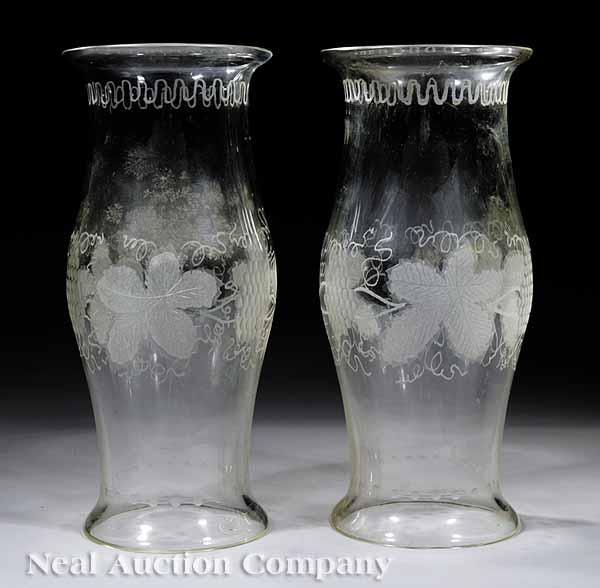 Appraisal: A Pair of American Blown and Etched Glass Hurricane Shades