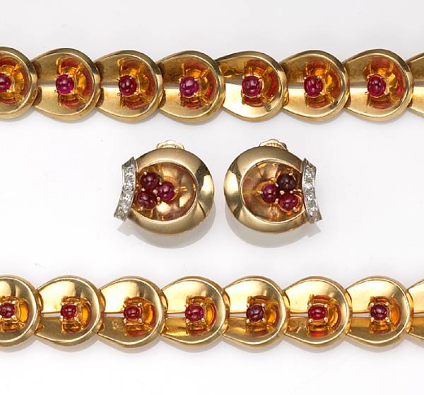 Appraisal: A set of ruby and diamond jewelry comprising a necklace