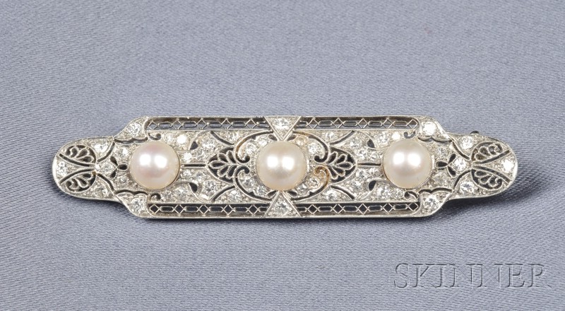 Appraisal: Art Deco Platinum Pearl and Diamond Bar Pin set with