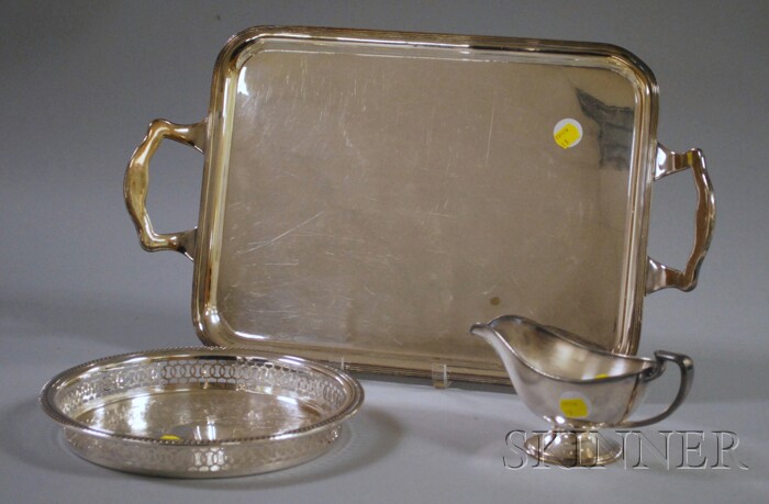 Appraisal: Three Silver-plated Table Items a Sheffield reproduction two-handled serving tray