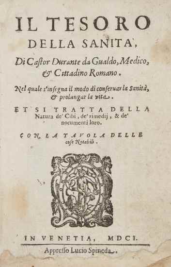 Appraisal: Durante Castore Il Tesoro della Sanita title with woodcut printer's