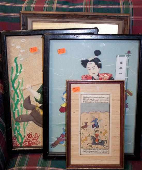 Appraisal: Two Mughal watercolors framed and two Japanese fabric and painted