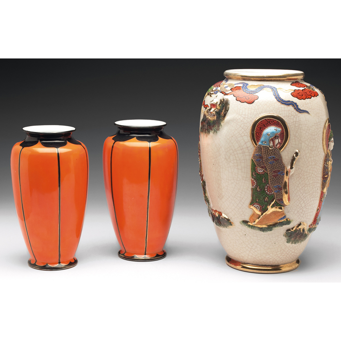 Appraisal: Mitsu-Boshi China-Ware vases pair orange with designs in black and