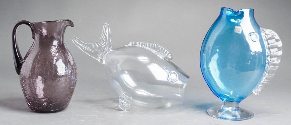 Appraisal: TWO GLASS FISH FORM SCULPTURES AND A PITCHERTwo Glass Fish