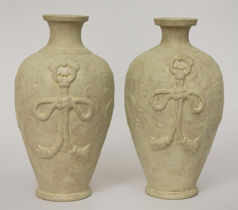 Appraisal: Pair of Chinese Pale Green-Painted Pottery Vases Mounted for Lamps