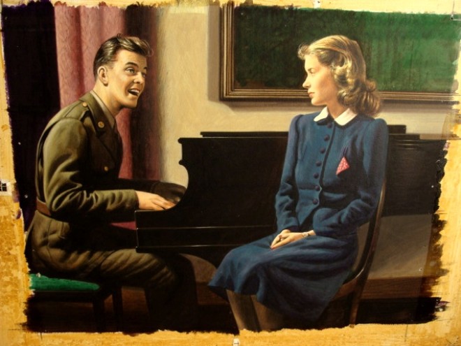 Appraisal: th century G I SERENADING HIS GIRL Acrylic on board