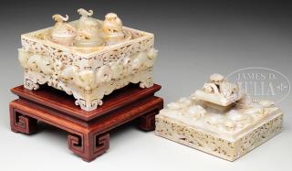 Appraisal: CARVED JADE SEAL CHEST WITH SEALS th century China The