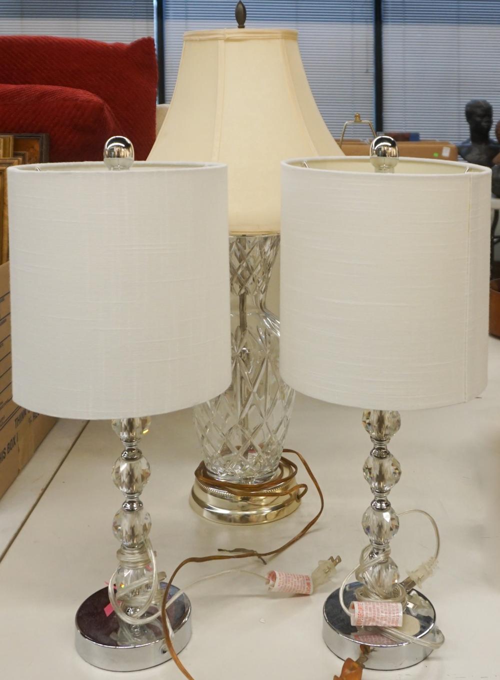 Appraisal: THREE GLASS BASE TABLE LAMPS H OF TALLEST IN CM