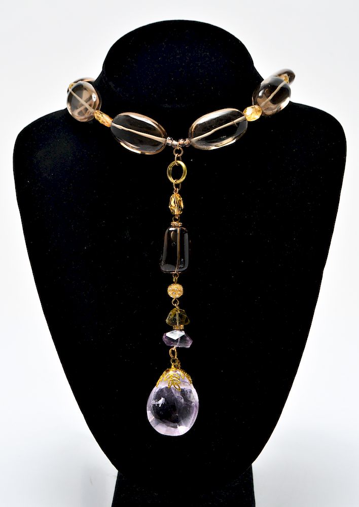 Appraisal: Citrine Smoky Quartz Amethyst Necklace Necklace featuring faceted citrine and