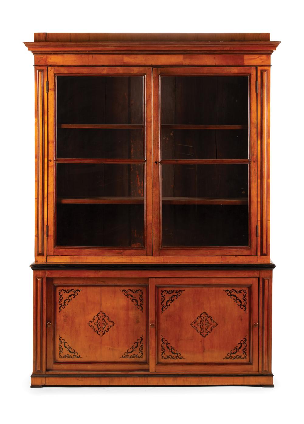 Appraisal: Charles X Parcel Ebonized and Stenciled Fruitwood Bookcase Cabinet early-to-mid