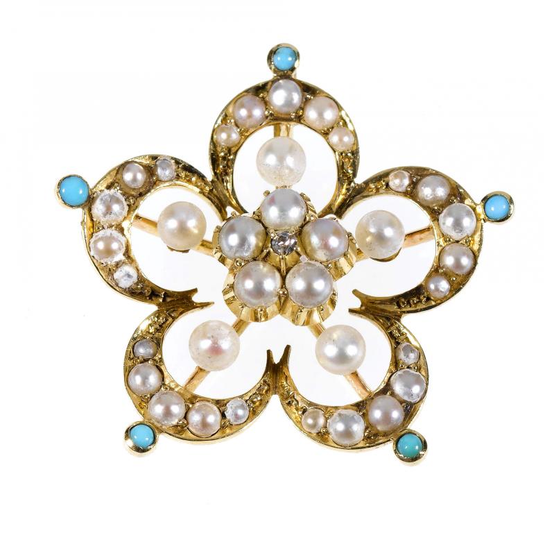 Appraisal: A DIAMOND TURQUOISE AND SEED PEARL PENDANT in the form