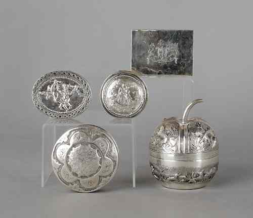 Appraisal: Five English and Continental silver boxes late th c largest